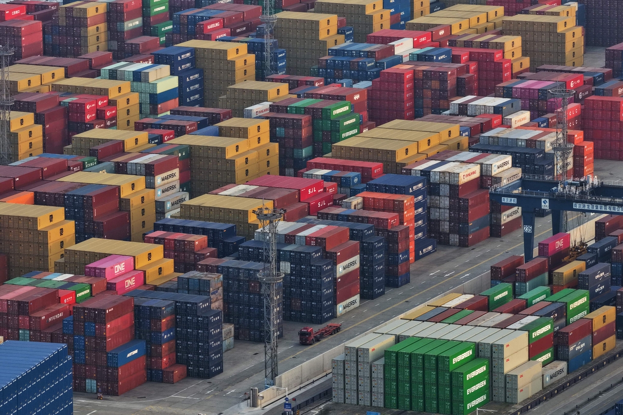 Containers are seen at the port in Nanjing, in China's eastern Jiangsu province on Monday. AFP-Yonhap