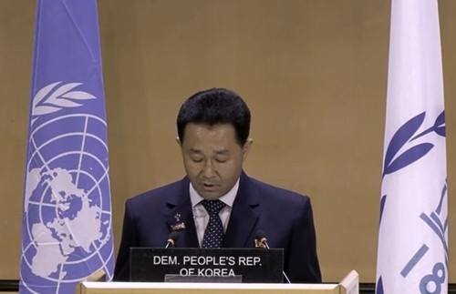 Pak In-chol, chairman of the North's Supreme People's Assembly, speaks during the sixth World Conference of Speakers of Parliament in Geneva, Switzerland, on Wednesday. (Yonhap)