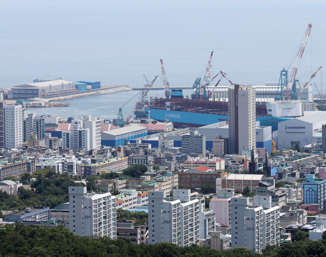 A ship under construction is seen at HD Hyundai Heavy Industries in Dong-gu, Ulsan, on Thursday. (Yonhap)