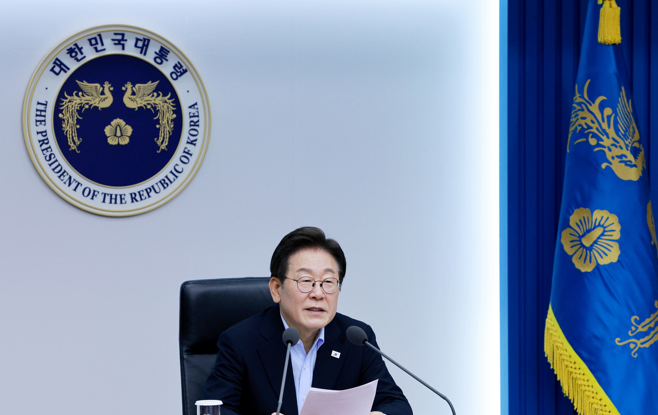 President Lee Jae Myung speaks while presiding a meeting of senior aides at the presidential office in Seoul on Thursday. (Yonhap)