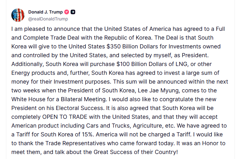 Trump's social media post announcing the trade deal with South Korea