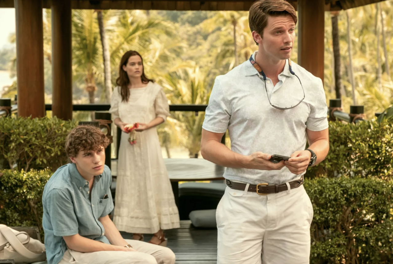“The White Lotus” Season 3, starring (from left) Samuel Nivola, Sarah Hook and Patrick Schwarzenegger (HBO)