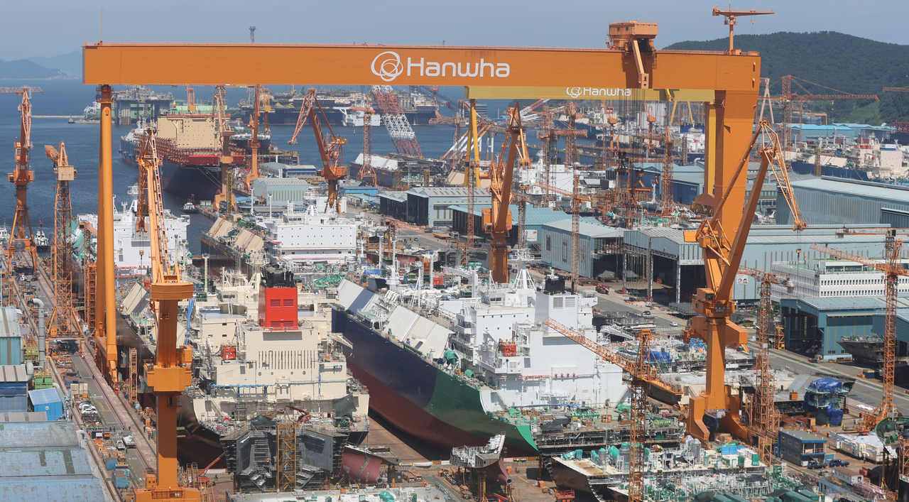 A ship under construction is seen at Hanwha Ocean's Geoje shipyard in the city of Geoje, South Gyeongsang Province, on Thursday. (Yonhap)