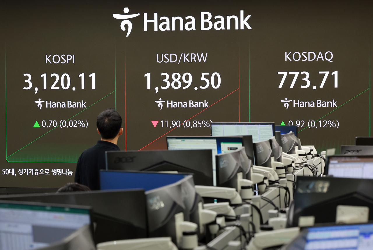 An electronic board showing the Korea Composite Stock Price Index at a dealing room of the Hana Bank headquarters in Seoul on Monday. (Yonhap)