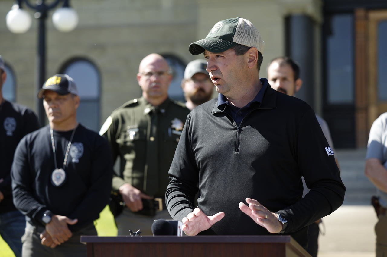 Montana Attorney General Austin Knudsen speaks to the media Sunday. (AP-Yonhap)