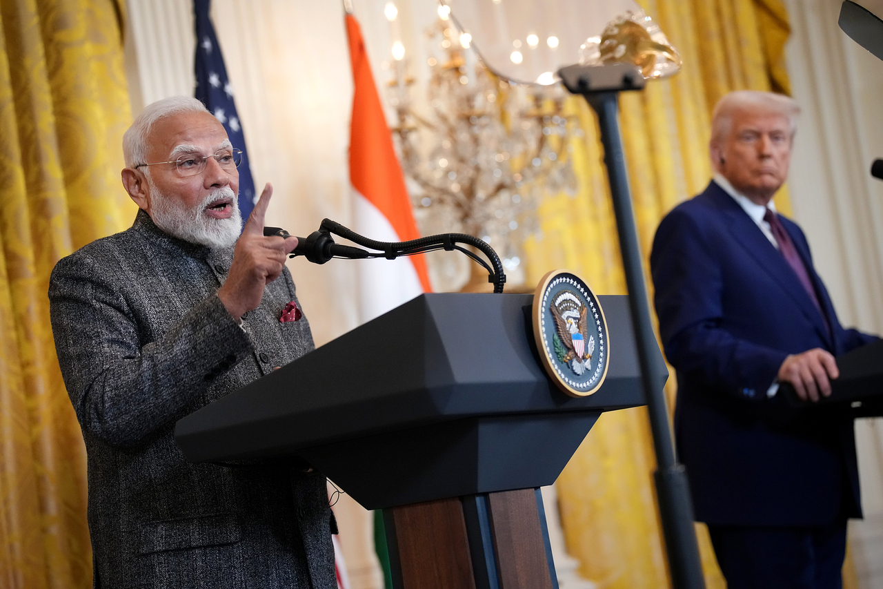 This file image shows US President Donald Trump (right) and Indian Prime Minister Narendra Modi holding a joint press conference in the East Room at the White House on Feb. 13 in Washington, DC. (Getty Images)