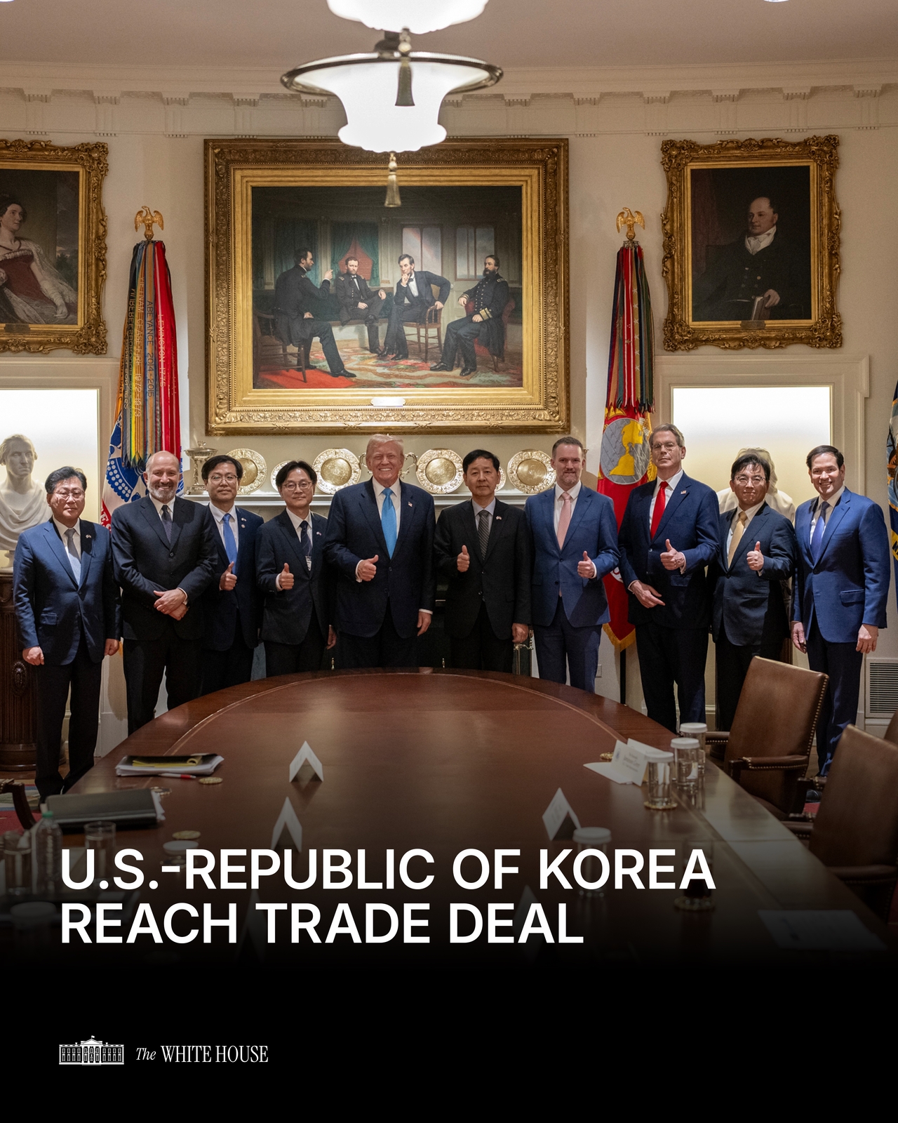 US President Donald Trump (fifth from left) poses with South Korean and US trade negotiators at the White House on July 30. (White House's X account)
