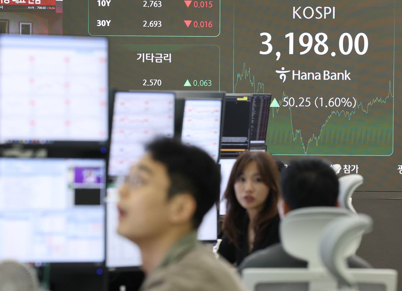 An electronic board at Hana Bank’s headquarters in central Seoul shows the benchmark Kospi closing at 3,198 on Tuesday, up 50.25 points or 1.6 percent from the previous trading day. (Yonhap)
