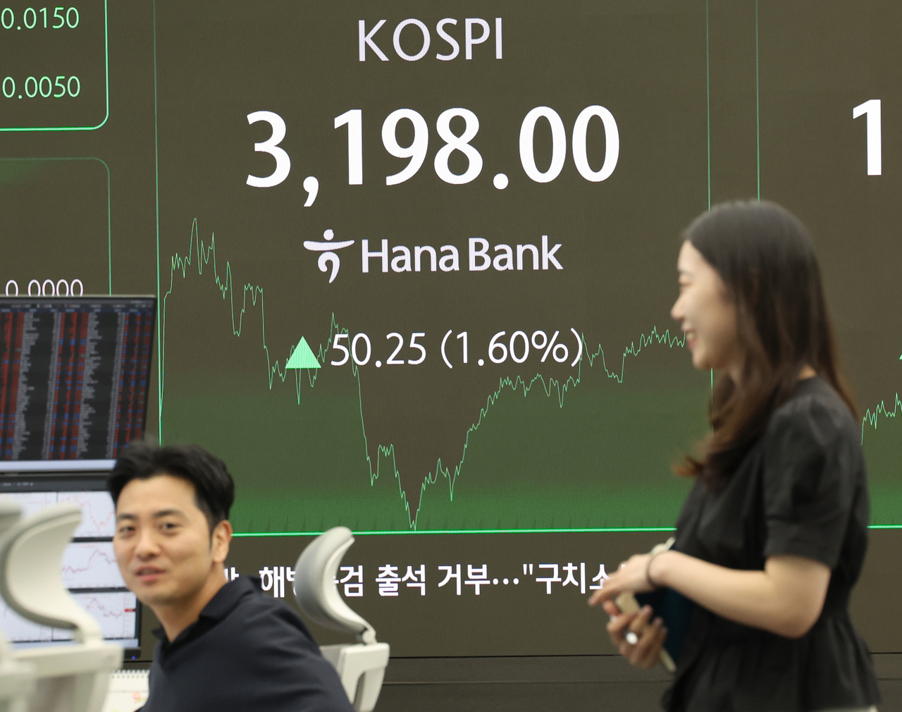 An electronic board showing the Korea Composite Stock Price Index at a dealing room of the Hana Bank headquarters in Seoul on Tuesday. (Yonhap)