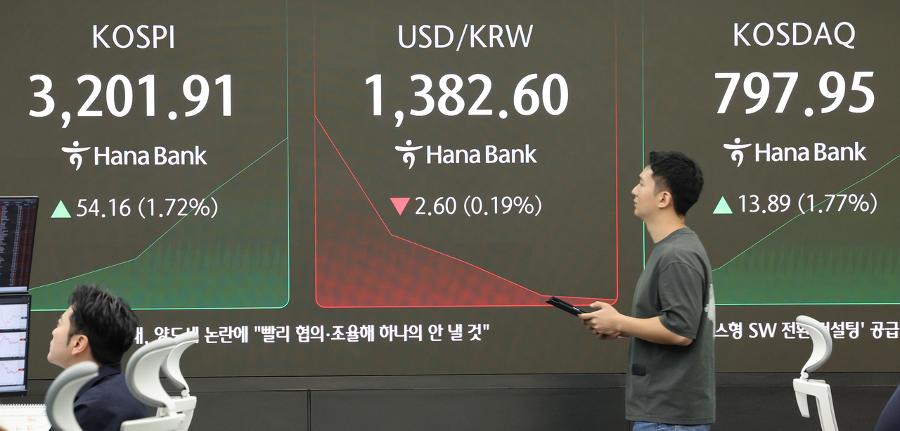 An electronic board showing the Korea Composite Stock Price Index at a dealing room of the Hana Bank headquarters in Seoul on Tuesday. (Yonhap)