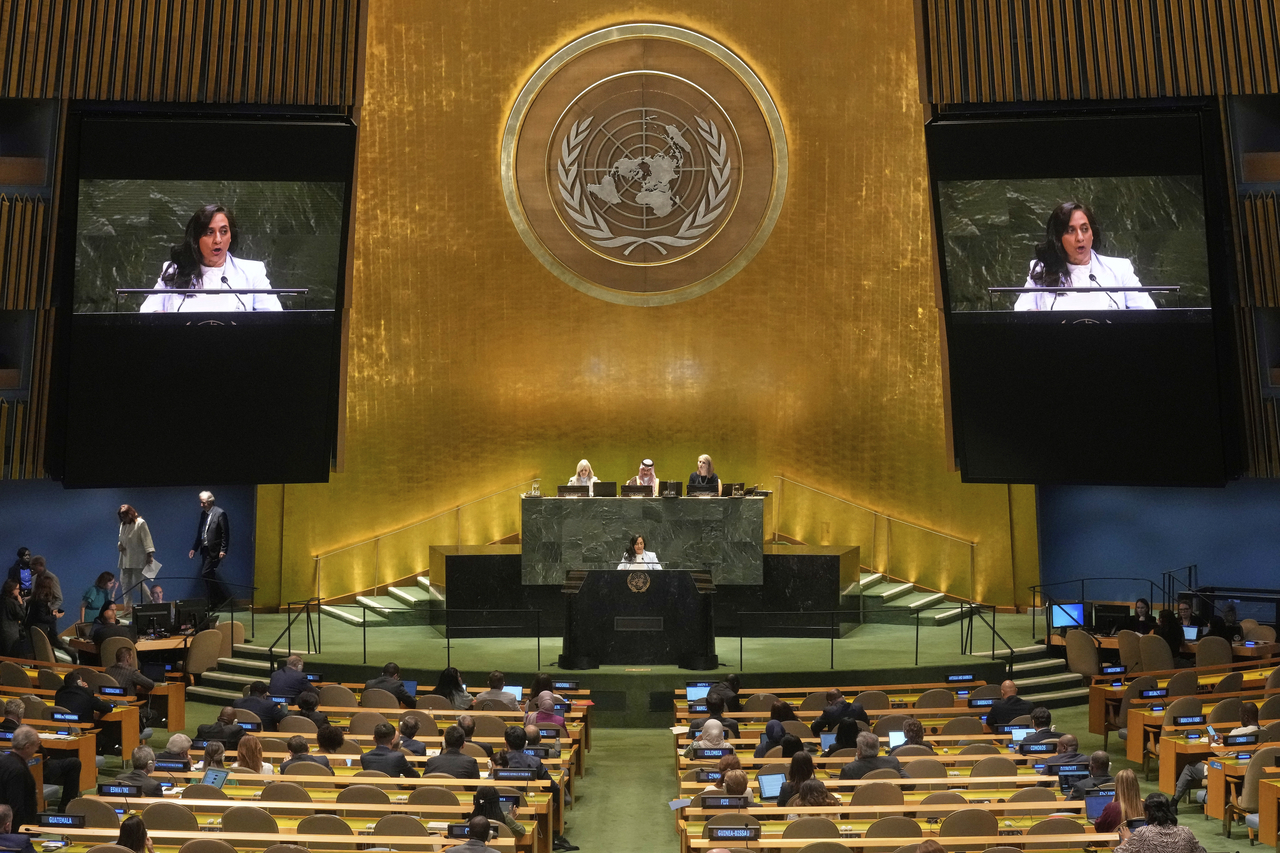 Canada Foreign Minister Anita Anand addresses the United Nations General Assembly, July 28. (AP-Yonhap)