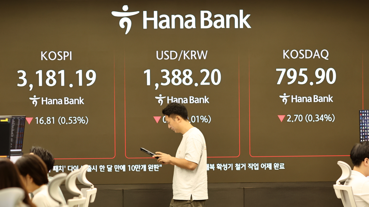 An electronic board showing the Korea Composite Stock Price Index at a dealing room of the Hana Bank headquarters in Seoul on Wednesday. (Yonhap)