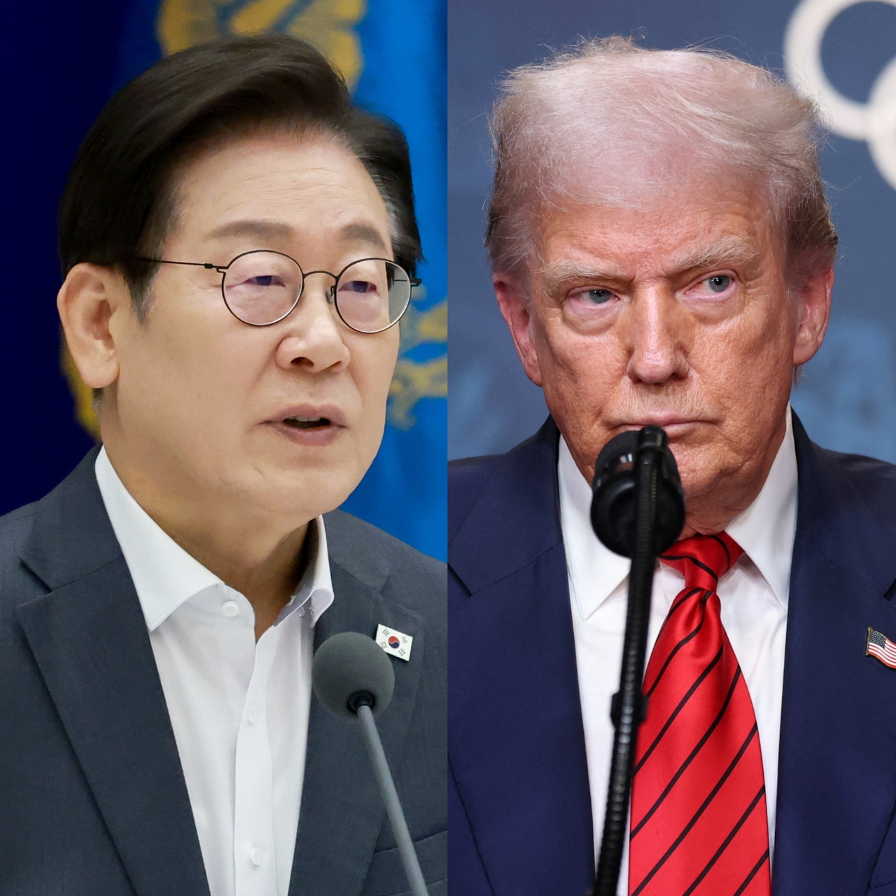 South Korean President Lee Jae Myung (left) speaks during a meeting with provincial governors at the presidential office in Seoul on Aug. 1. US President Donald Trump (right) delivers remarks after signing an executive order to create a White House Olympics task force in Washington on Tuesday. Combined by The Korea Herald. (Left: Yonhap, Right: Reuters)