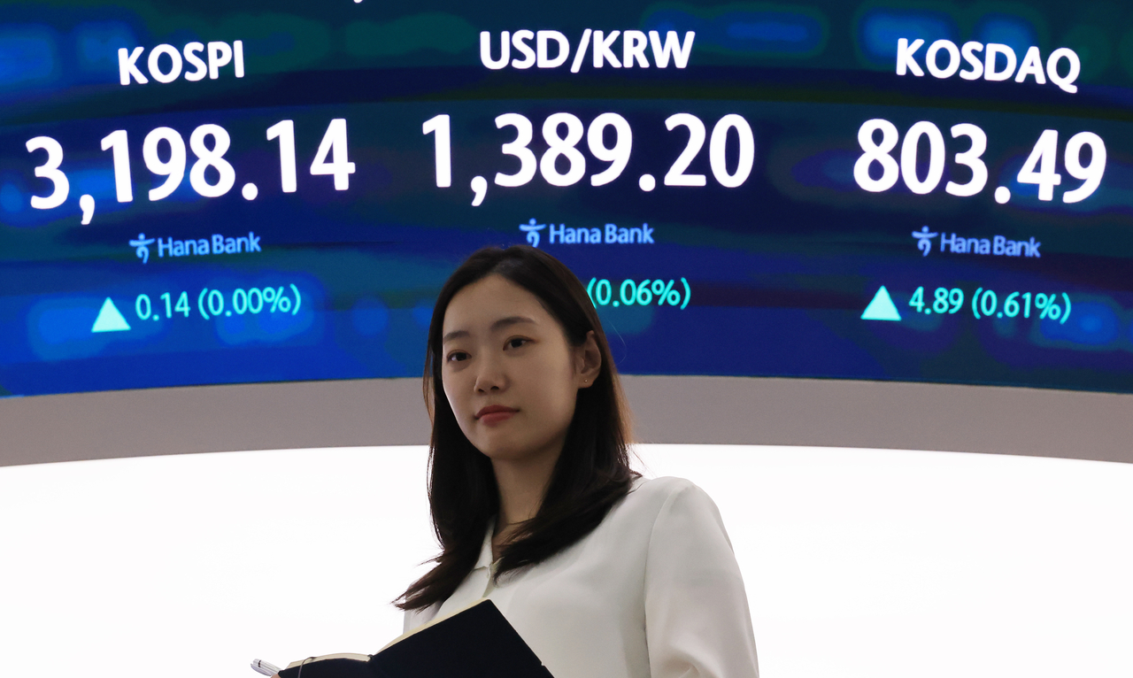 An electronic board showing the Korea Composite Stock Price Index at a dealing room of the Hana Bank headquarters in Seoul on Wednesday. (Yonhap)