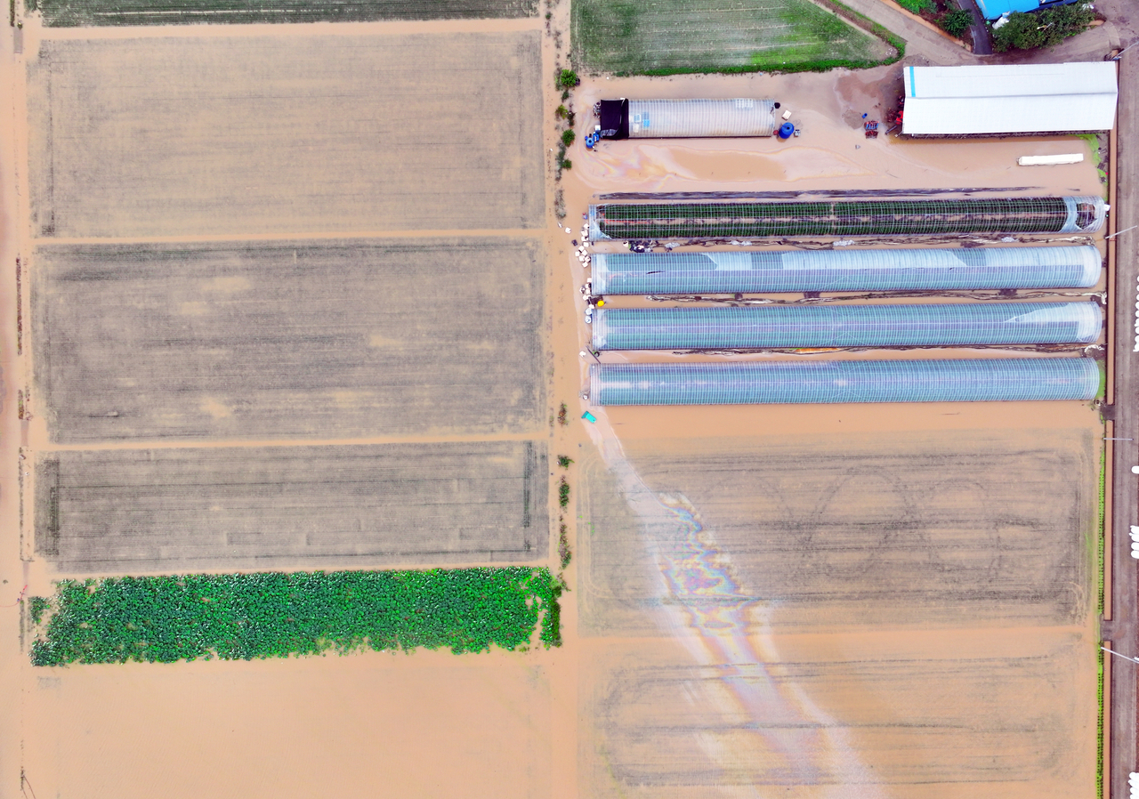 Farming areas in the county of Hampyeong in South Jeolla Province are flooded after heavy rain on Monday. (Yonhap)