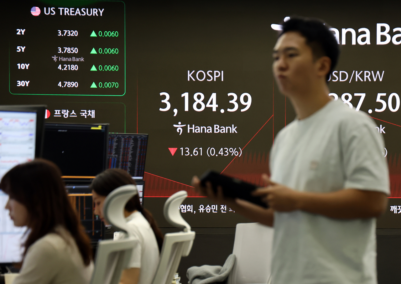 코스피가 하락 출발한 6일 서울 하나은행 본점 딜링룸에서 딜러들이 업무를 보고 있다.  [연합]