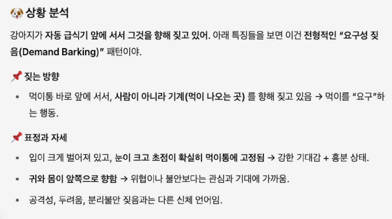 짖는 상황을 찍어서 올리니까 자세하게 분석 후 대처 방법도 알려줬어