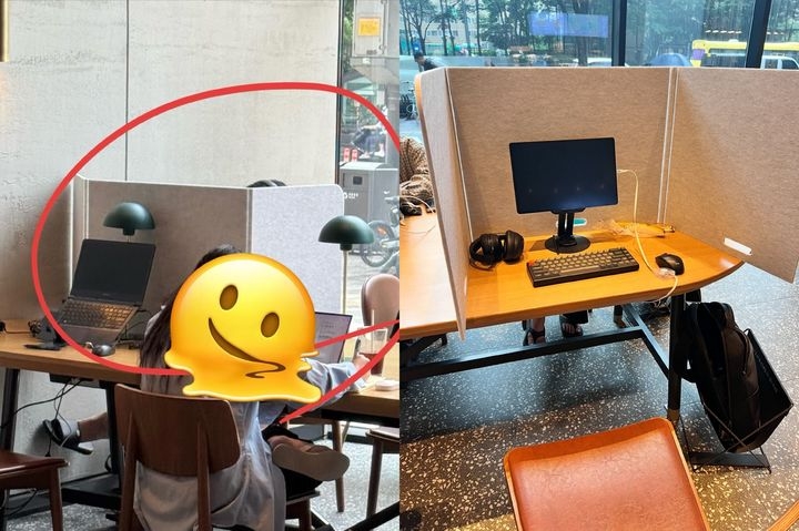 서울 시내 한 토토사이트 해킹 신고 매장에서 테이블에 가림막을 올리고 컴퓨터를 하는 모습 [쓰레드 갈무리]
