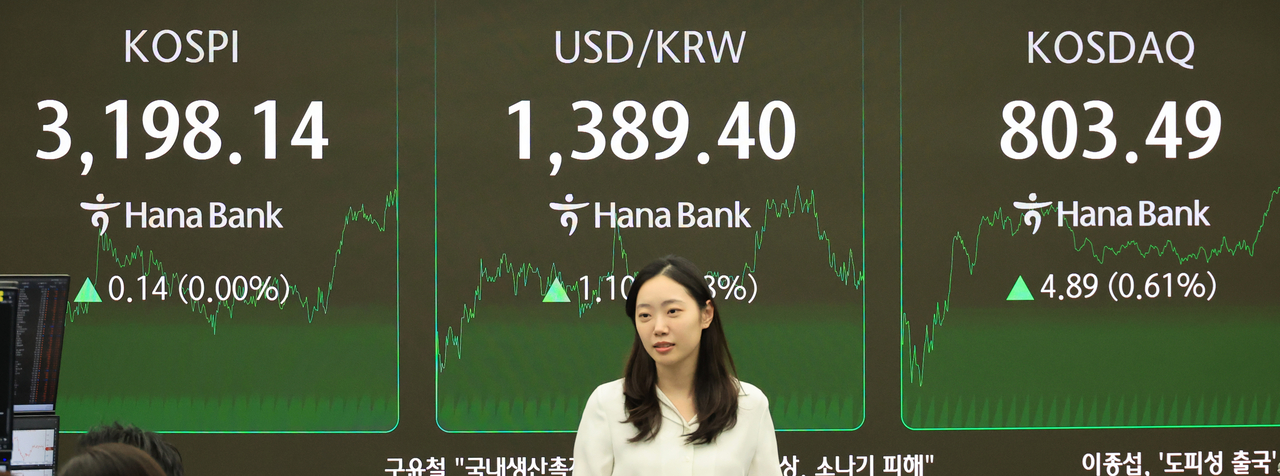 An electronic board showing the Korea Composite Stock Price Index at a dealing room of the Hana Bank headquarters in Seoul on Wednesday. (Yonhap)