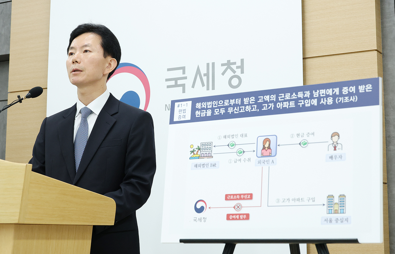Min Joo-won, director of investigation at the National Tax Service, speaks during a press briefing held at the government complex in Sejong on Thursday. (National Tax Service)