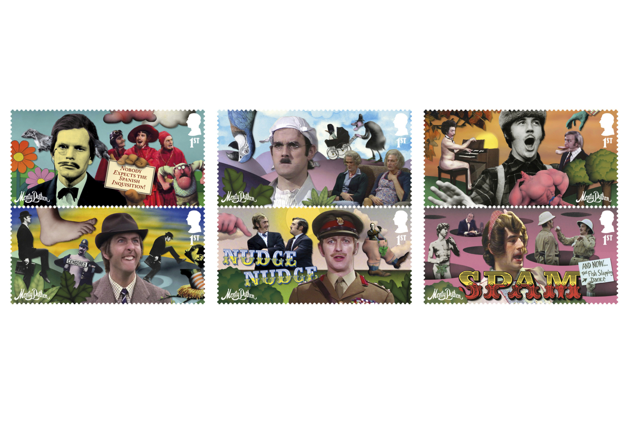 A collection of Monty Python stamps issued by Royal Mail to celebrate the 50th anniversary of their Holy Grail film    (AP-Yonhap)