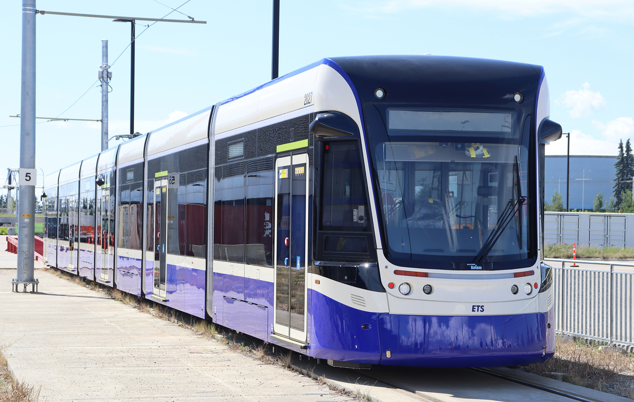 Hyundai Rotem's light rail vehicle for the Valley Line West LRT arrives in Edmonton, Canada, on Aug. 1. (Hyundai Rotem)