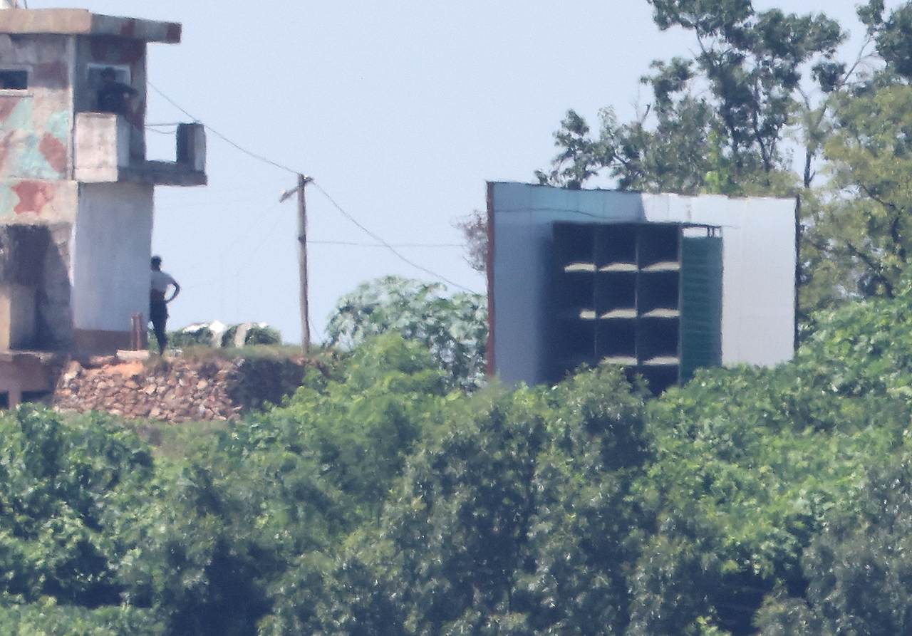 A loudspeaker facility installed by North Korea along the border is seen from the border town of Paju, in this photo taken Aug. 10, 2025. (Yonhap)