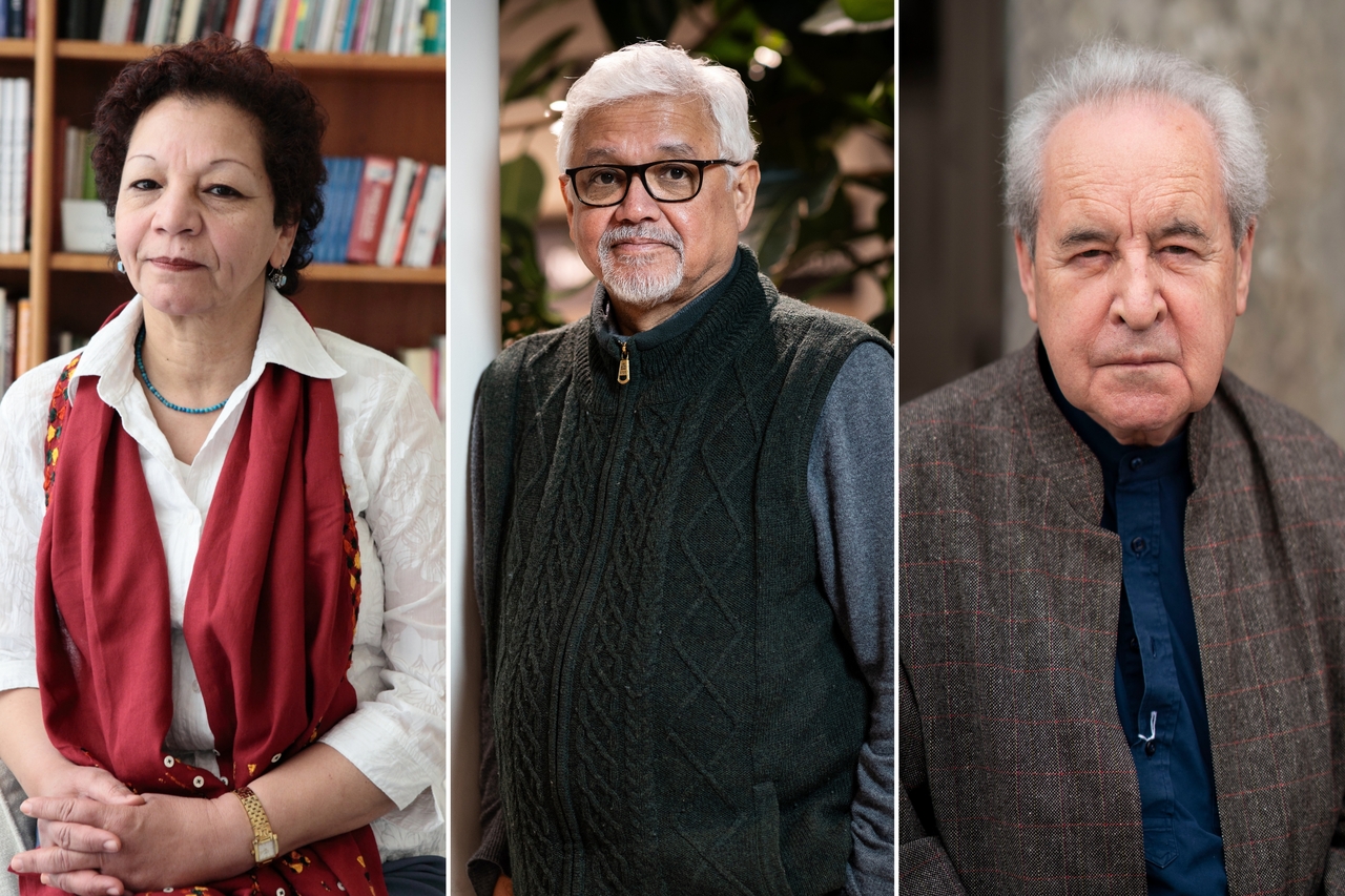 From left, Egyptian writer Salwa Bakr, Indian novelist Amitav Ghosh and Irish author John Banville (Gettyimages)