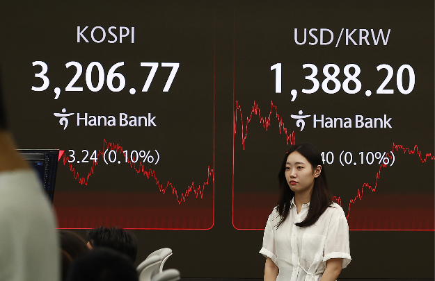 An electronic board showing the Korea Composite Stock Price Index at a dealing room of the Hana Bank headquarters in Seoul on Monday. (Yonhap)