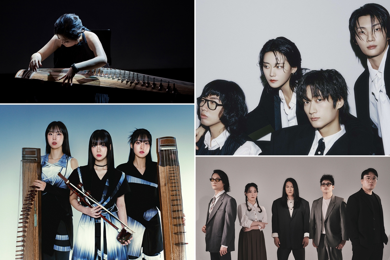 (Clockwise from top left) Gayageum player Kim Do-yeon from DoYeon Kim Quintet, indie bands Touched, Danpyunsun and the Moments, and the string trio Hilgeum (ACC)