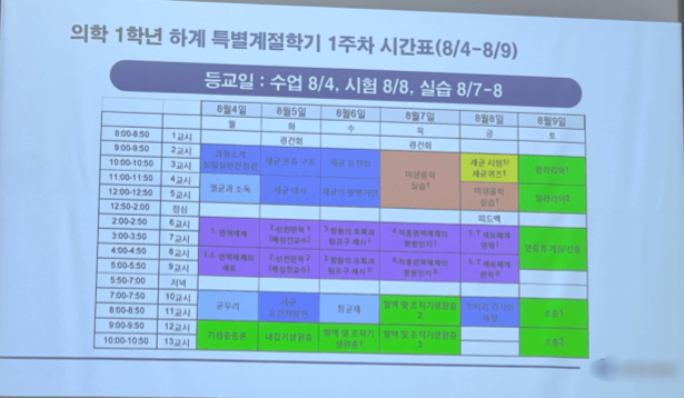 학교를 떠났던 의과대학생들의 복귀로 모먼트 토토사이트 수업이 재개된 상황 속 한 모먼트 토토사이트의 8월 초 하계 특별계절학기 시간표. 오전 9시부터 오후 10시50분까지 수업이 진행된다.  [독자 제공]