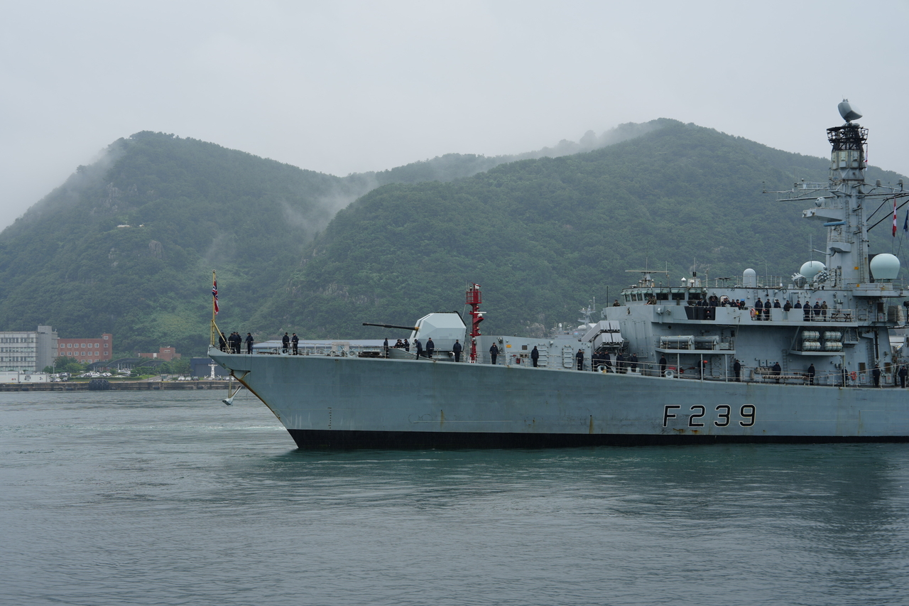 The Royal Navy frigate HMS Richmond is seen at the Busan Port on Tuesday. (British Embassy Korea via Yonhap)