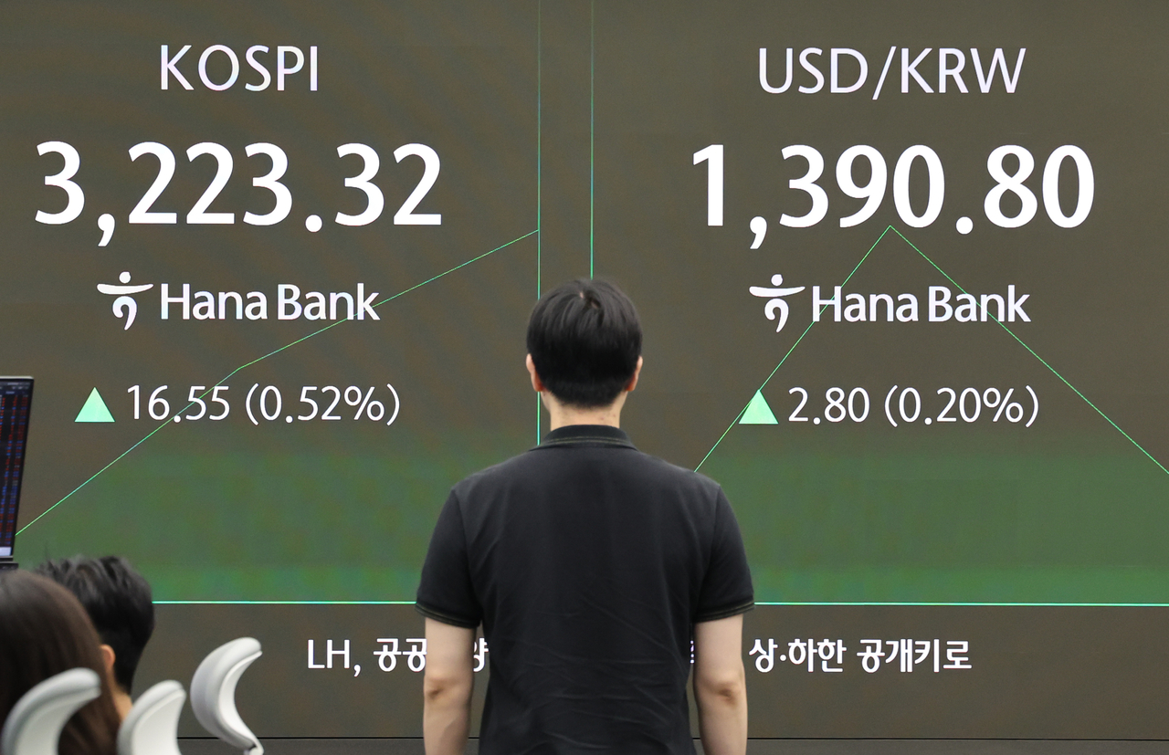 An electronic board showing the Korea Composite Stock Price Index at a dealing room of the Hana Bank headquarters in Seoul on Tuesday. (Yonhap)