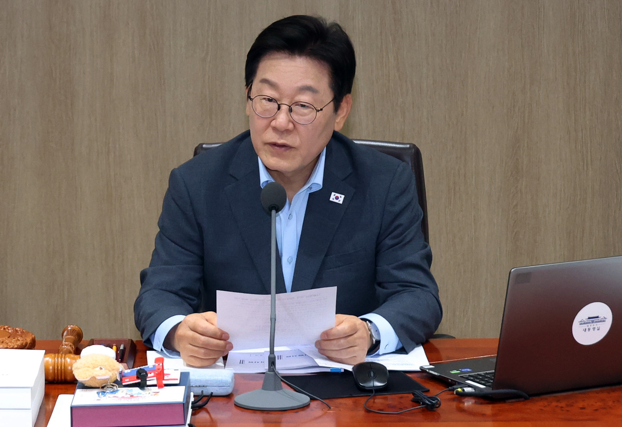 President Lee Jae Myung speaks during a Cabinet meeting held at the presidential office in Yongsan-gu, central Seoul, Tuesday. (Yonhap)