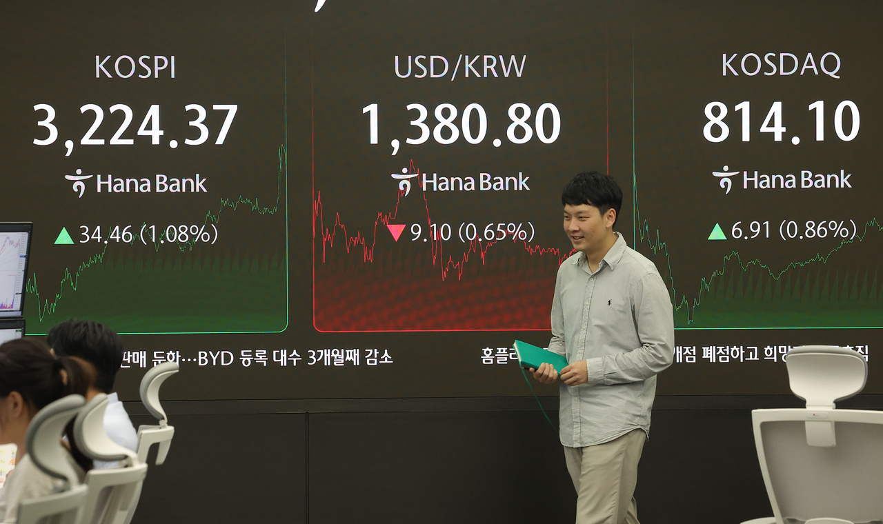 An electronic board showing the Korea Composite Stock Price Index at a dealing room of the Hana Bank headquarters in Seoul on Wednesday. (Yonhap)