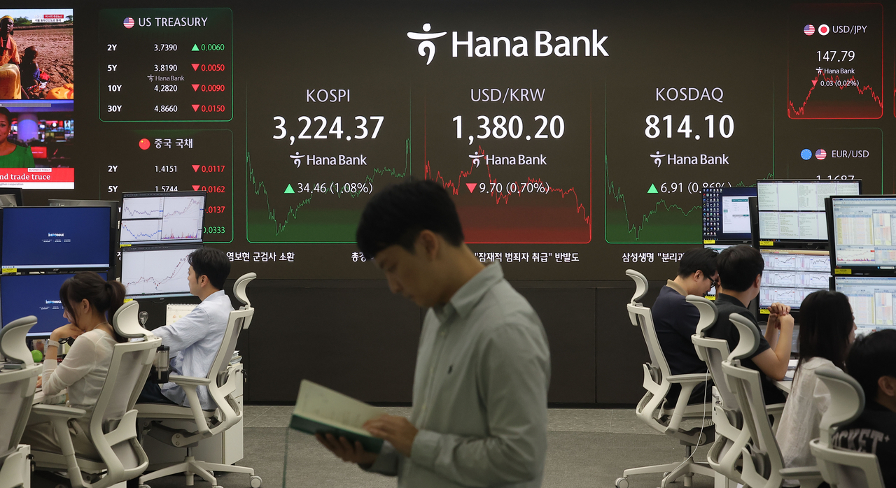 An electronic board showing the Korea Composite Stock Price Index at a dealing room of the Hana Bank headquarters in Seoul on Thursday. (Newsis)