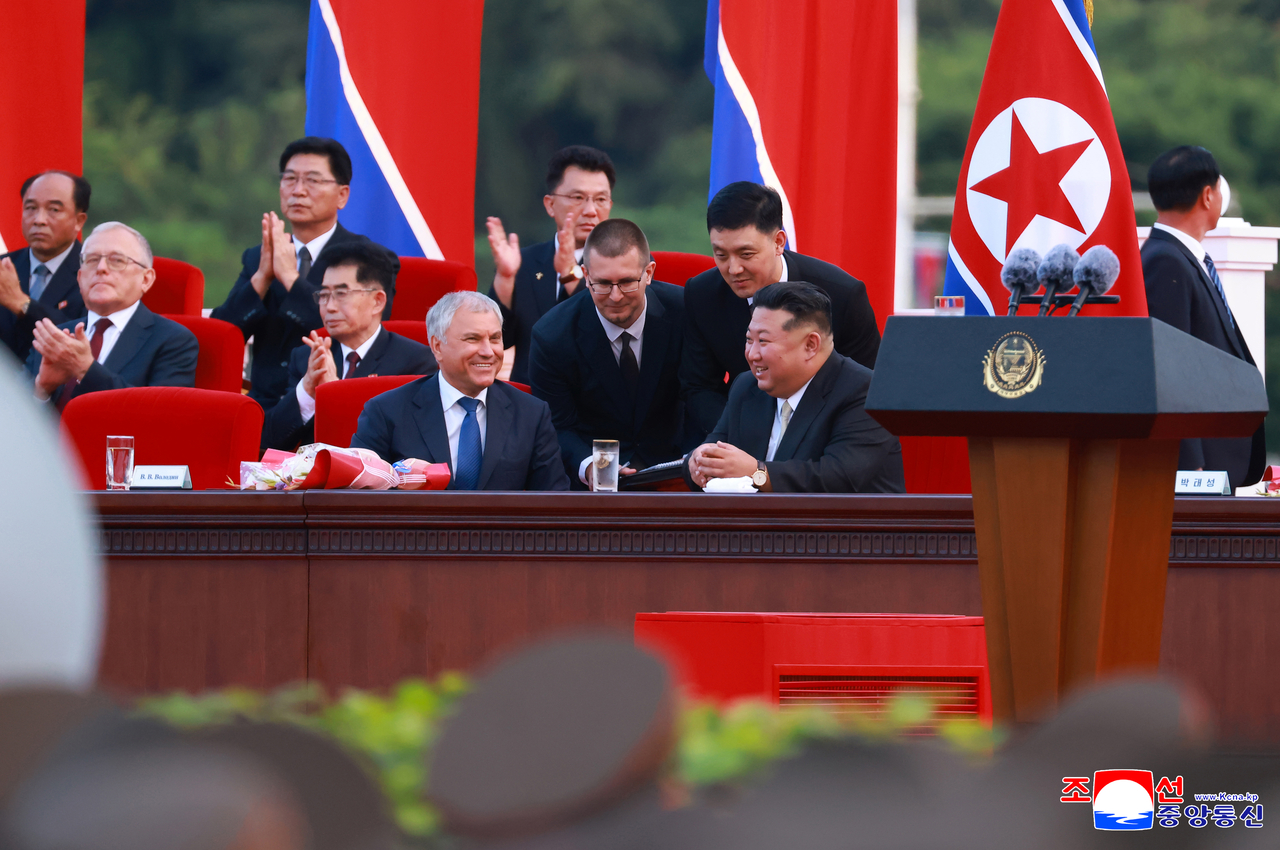 North Korea held a ceremony marking the 80th anniversary of its liberation at Arch of Triumph Square in Pyongyang on Thursday, attended by leader Kim Jong-un and Russian State Duma Speaker Vyacheslav Volodin. (Yonhap)