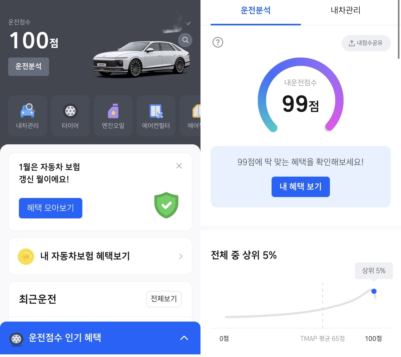 Screenshots from Lee Ji-yeon’s Tmap app display her recent driving scores of 100 and 99, ranking among the top 5 percent of drivers. She says posting the scores online feels like showing off a medal. (Courtesy of Lee)