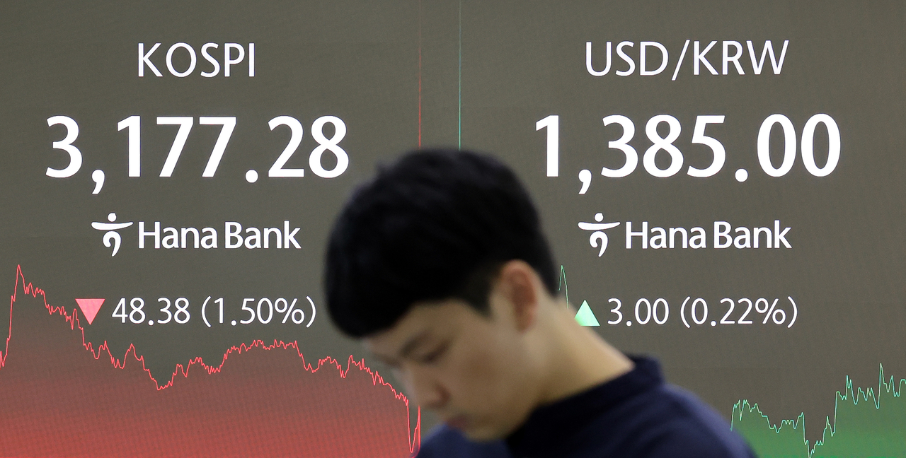 An electronic board showing the Korea Composite Stock Price Index at a dealing room of the Hana Bank headquarters in Seoul on Monday. (Yonhap)