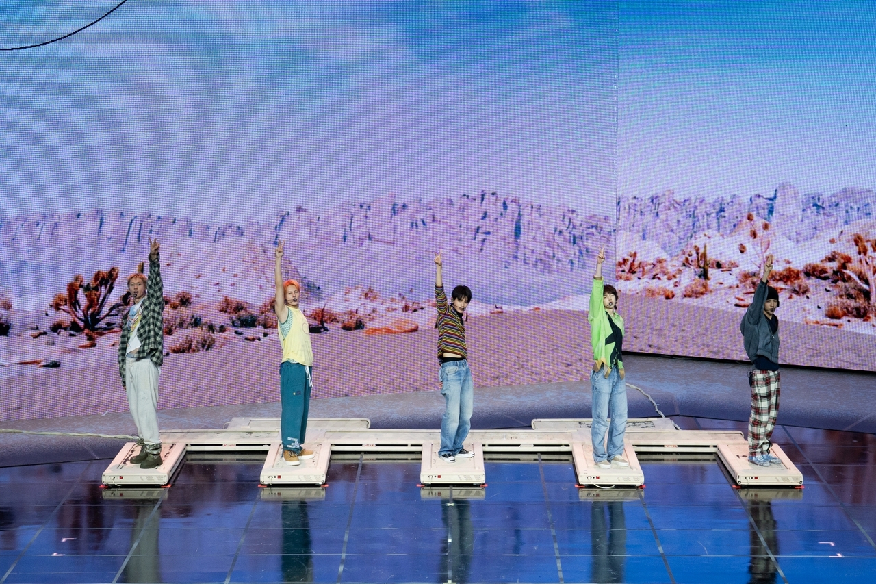 Cortis performs its debut single "What You Want" during a showcase in Seoul on Monday. (Big Hit Music)