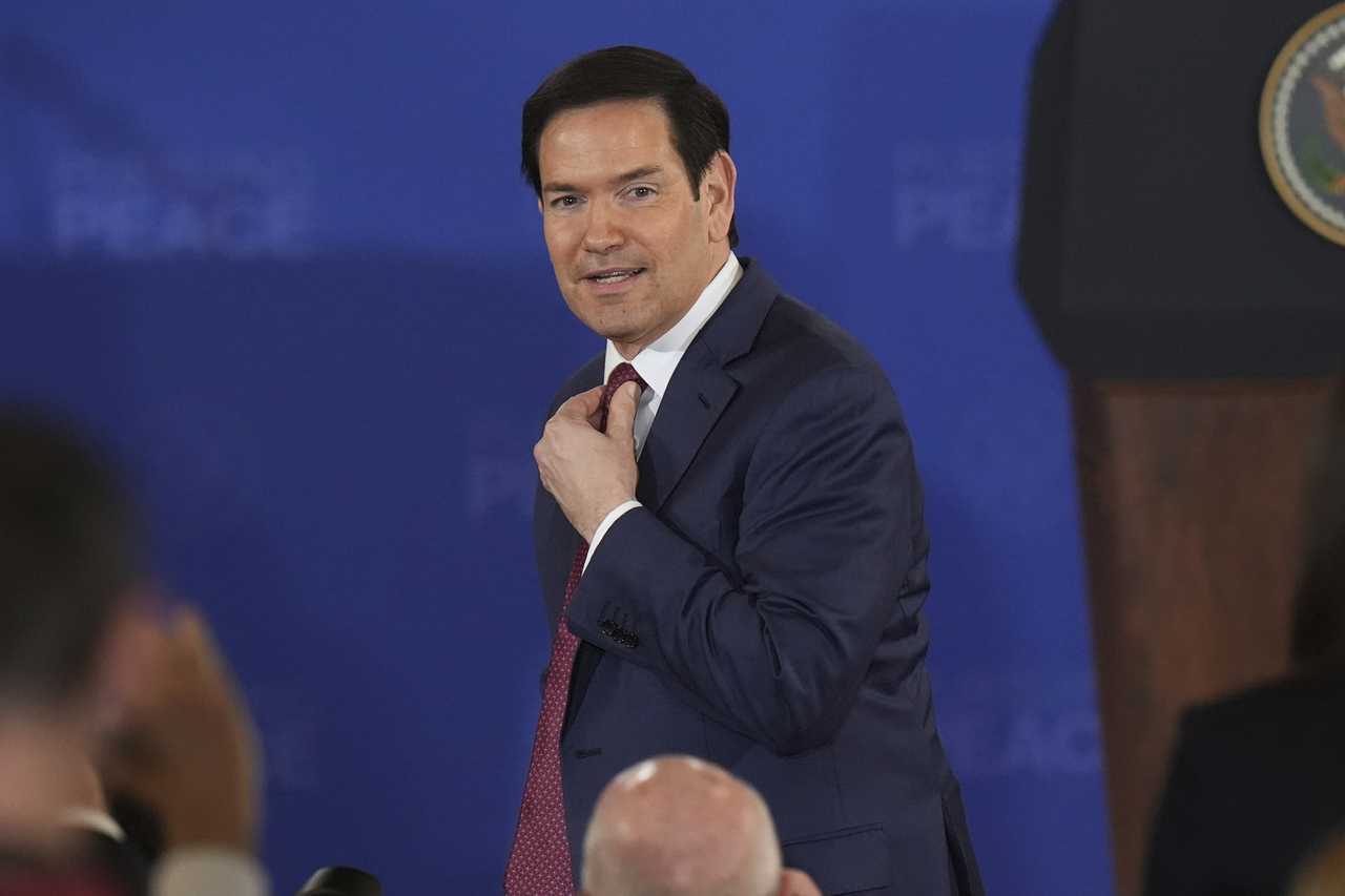 US Secretary of State Marco Rubio arrives for a joint press conference in Alaska, Friday. (AP-Yonhap)
