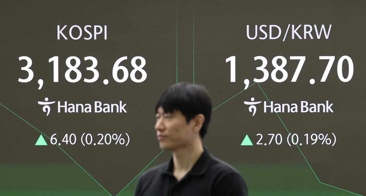 An electronic board showing the Korea Composite Stock Price Index at a dealing room of the Hana Bank headquarters in Seoul on Tuesday. (Yonhap)