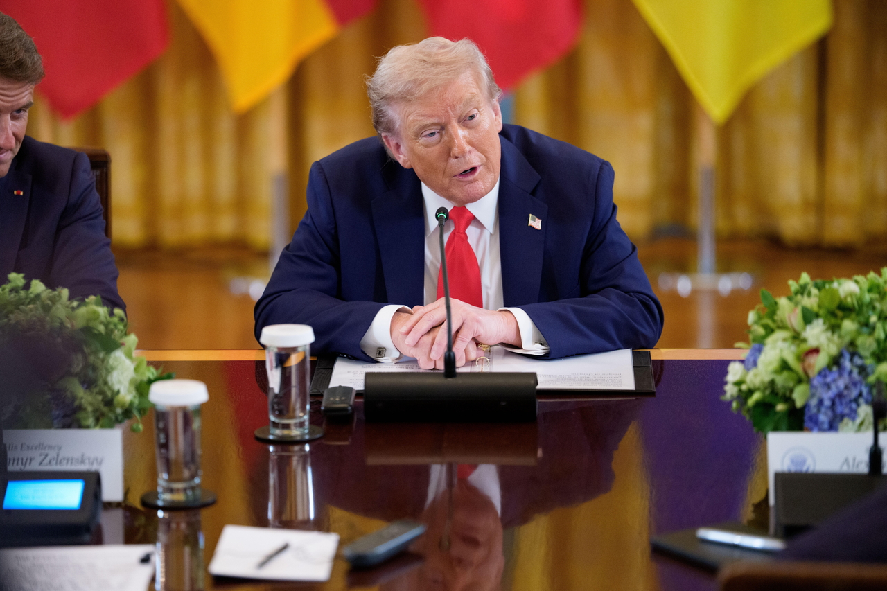US President Donald Trump speaks during a multilateral meeting with European leaders at the White House in Washington, on Monhday. (EPA via Yonhap)