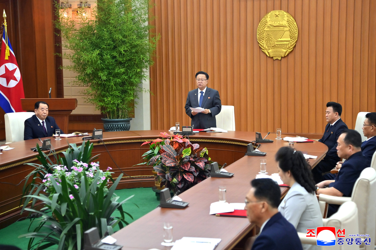 This photo, published by the Korean Central News Agency on Wednesday, shows a meeting of the standing committee of the Supreme People's Assembly, held the previous day. (Yonhap)