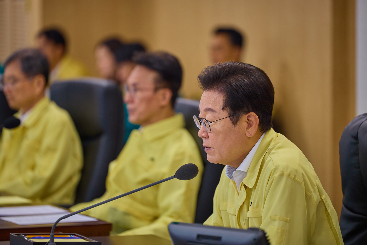 President Lee Jae Myung speaks during a National Security Council meeting at the presidential office in Seoul on Monday, in this photo provided by Lee's office. (Yonhap)