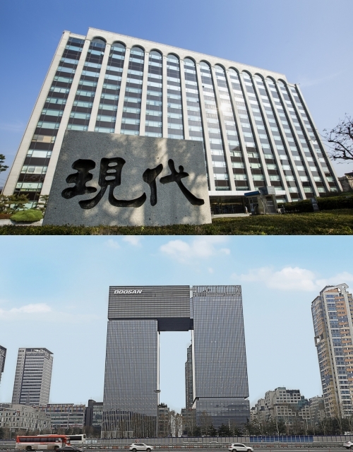 현대사이다토토 본사 사옥(위쪽)과 분당두산타워(아래쪽), 각사 제공