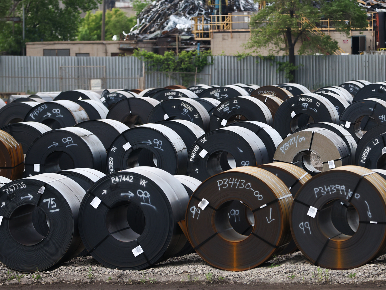 Steel coils are seen in a yard at ArcelorMittal Dofasco's steel mill on June 9, 2025 in Hamilton, Canada. (Getty Images)