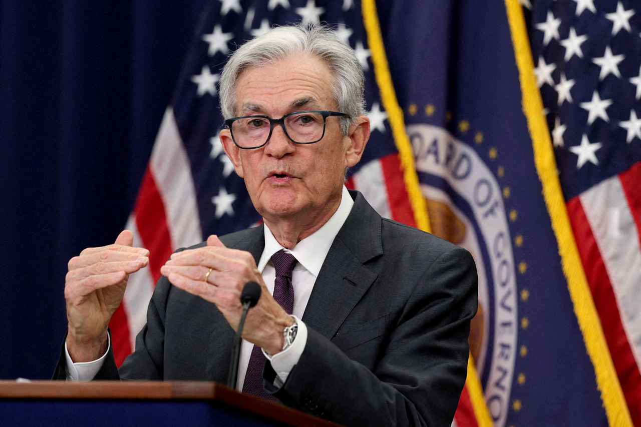 US Federal Reserve Chair Jerome Powell gestures during a press conference following the issuance of the Federal Open Market Committee's statement on interest rate policy in Washington on July 30.   Reuters-Yonhap
