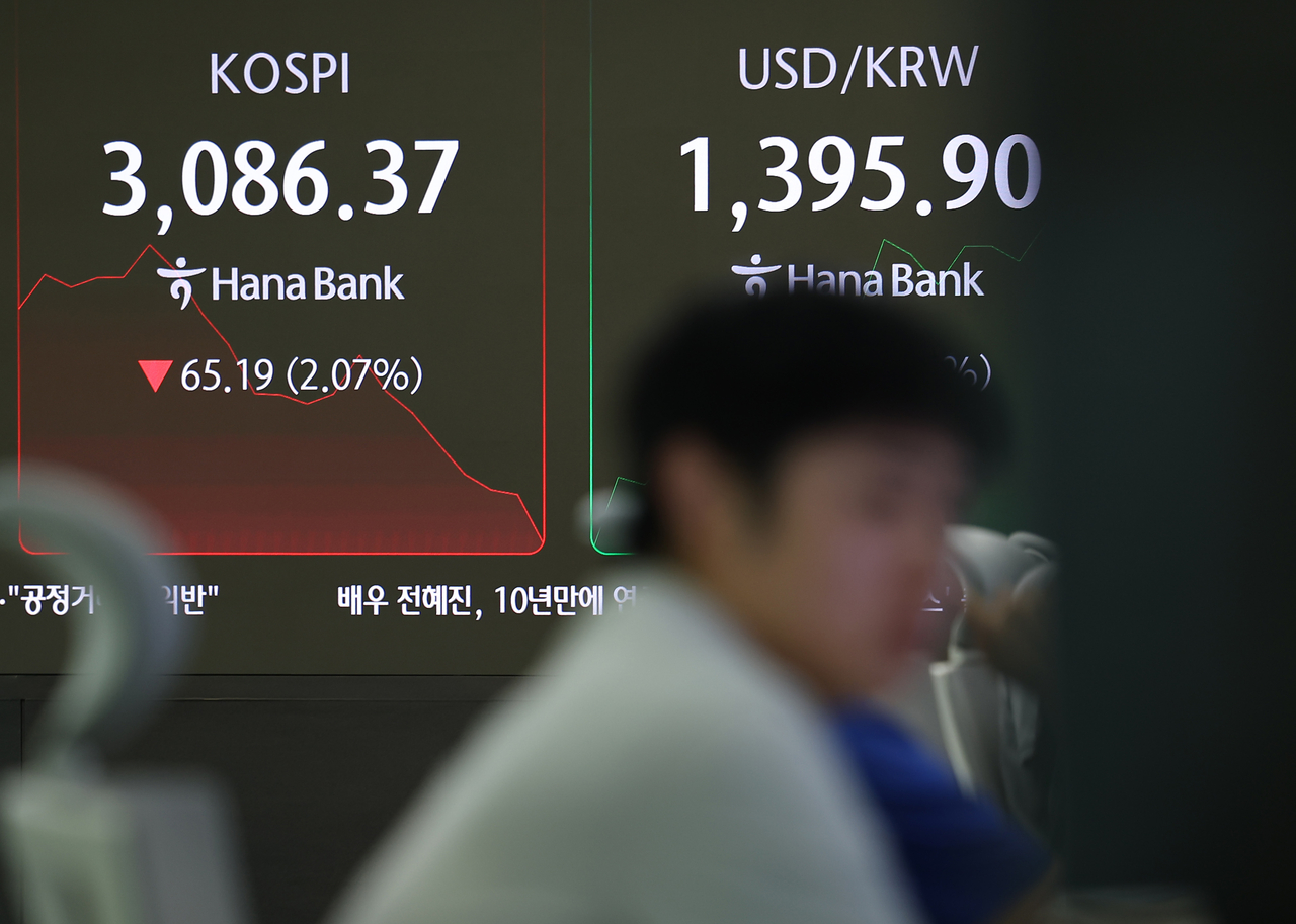 코스피가 2% 이상 하락하며 3080선대에서 거래를 시작한 20일 서울 중구 하나은행 본점 딜링룸 스크린에 지수가 표시돼 있다. [연합]