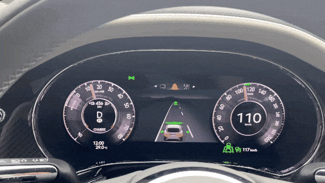 The Continental GT Speed's rotating center display switches between digital and analog instruments as well as a panel that seamlessly blends into the dashboard. The digital instrument cluster provides navigation, night-vision front camera support, and lane departure and collision warning alerts. (Lim Jae-seong/The Korea Herald)